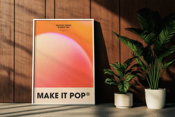 Poster Frame Mockup with Wooden Wall and Plants