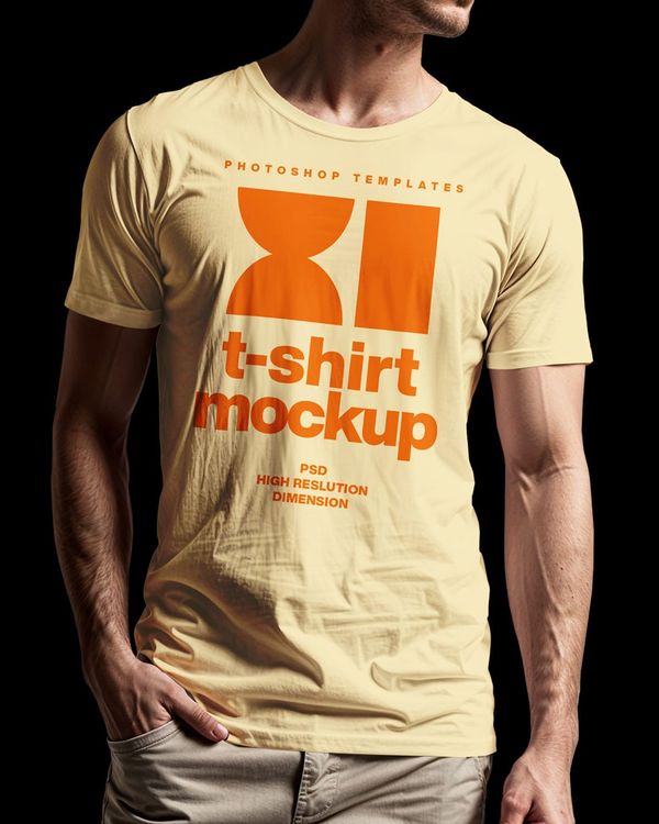 Men T-Shirt Mockup on Black Background