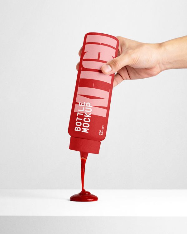 Ketchup Bottle Mockup PSD, Realistic Food Packaging Mockup for Sauce Label Design, Condiment Branding, and Product Presentation