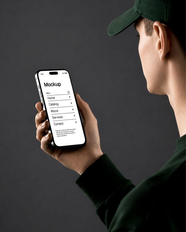 Dark Mode Smartphone UI Mockup Held by Male Model