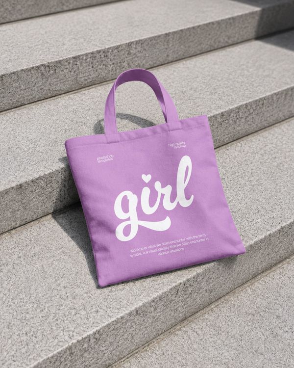 Outdoor Fabric Tote Bag Mockup on Minimal Concrete Stairs