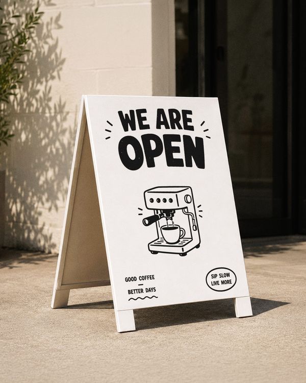 Outdoor Standing Sign Mockup Cafe Entrance Sunlight Scene