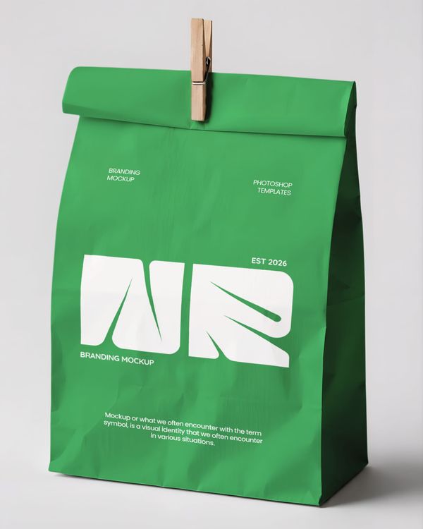 Folded Packaging Bag Mockup with Wooden Clip