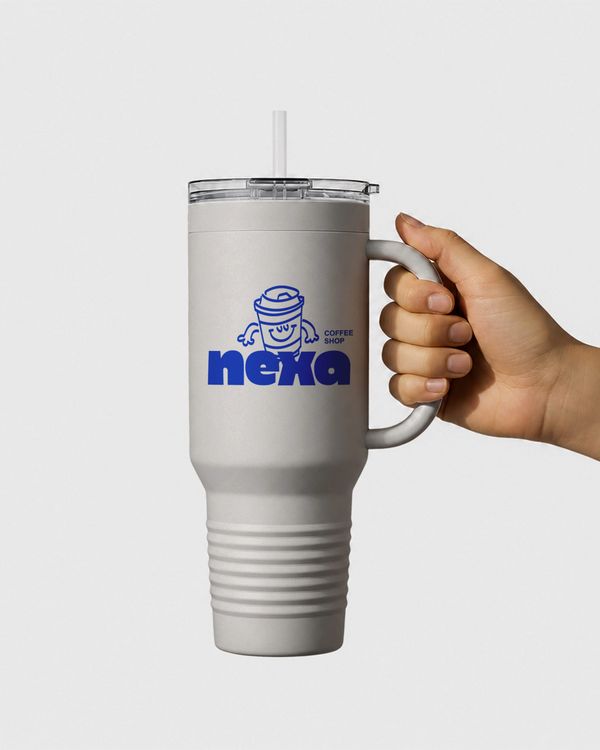 Hand Holding Insulated Travel Mug Tumbler Branding Mockup