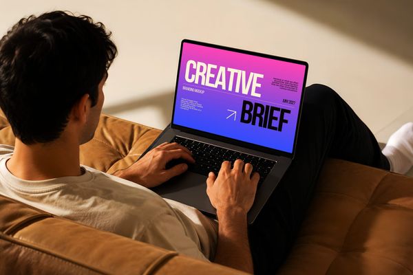 Laptop Screen Mockup with Man Relaxing on Leather Sofa