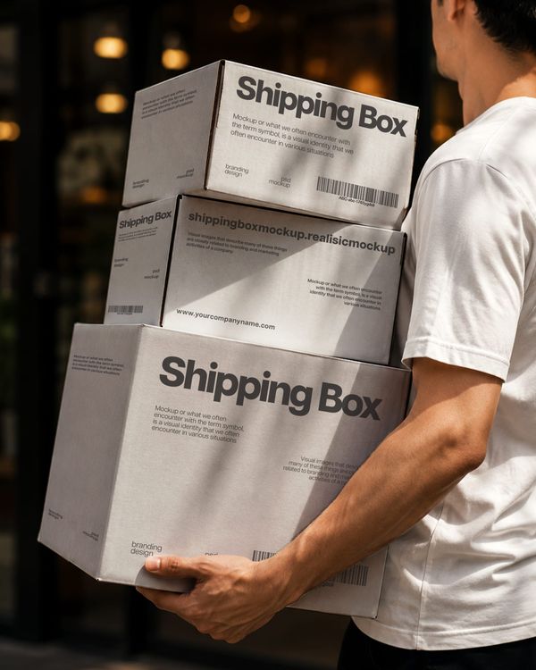 Man Carrying Stacked Shipping Boxes Mockup