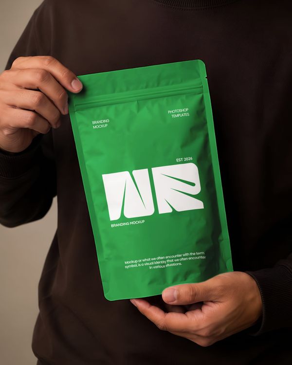 Packaging Pouch Mockup Held by Model