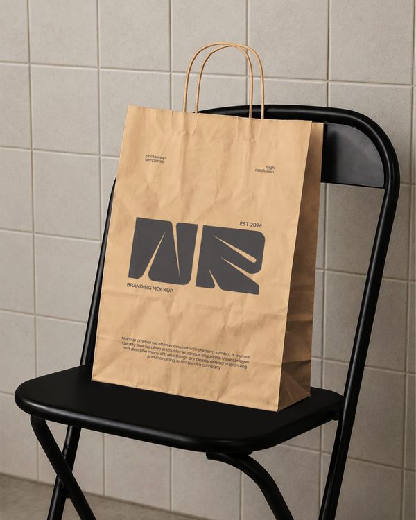 Paper Shopping Bag Mockup on Black Folding Chair