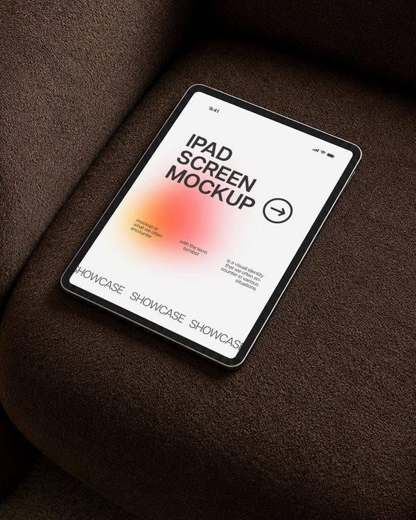 Premium Tablet Screen Mockup on Dark Brown Sofa