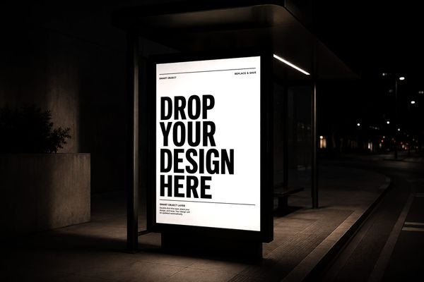 Bus Stop Advertising Billboard Mockup at Night