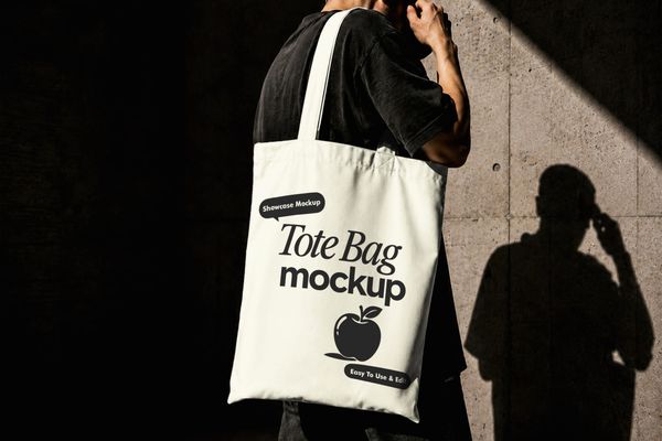 Carrying Tote Bag Mockup in Dark Concrete Scene
