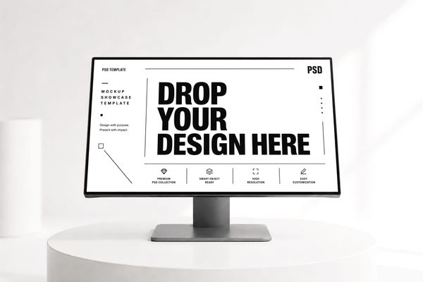 Clean Monitor Screen Mockup on White Podium