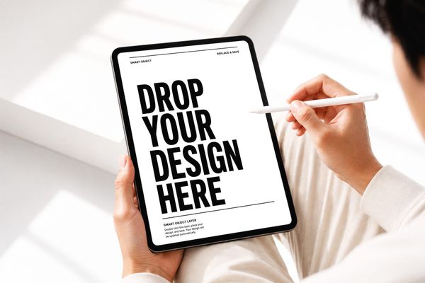 Holding iPad Mockup with Pencil On White Background