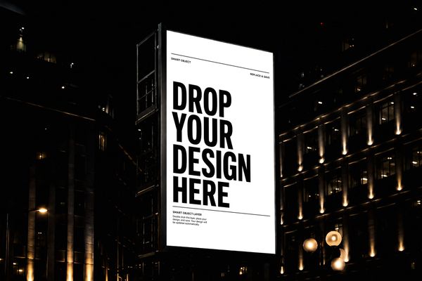 Vertical Billboard Mockup in Urban Night Scene With Light City