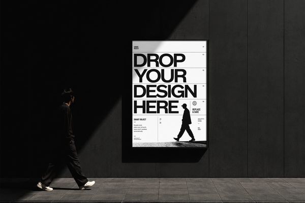 Dark Frame Wall Poster Mockup with Walking Man in Urban Scene