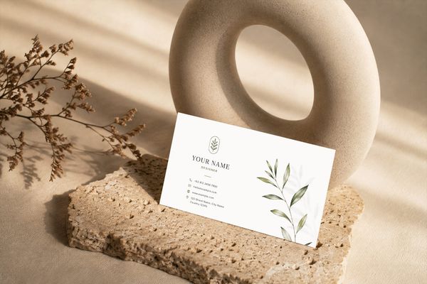 Elegant botanical business card displayed on textured natural stone with sculptural decor and warm sunlight for a sophisticated branding presentation.