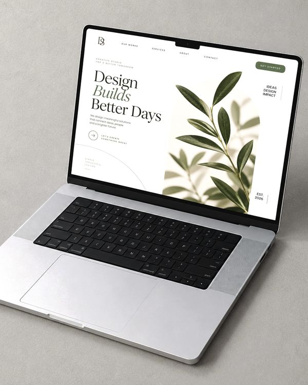 Angled laptop displaying an elegant botanical website interface on a soft neutral surface, creating a refined setting for modern web design presentations.