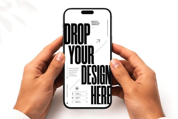 Hands holding a modern iPhone mockup on a clean white background, ideal for showcasing mobile interfaces, app designs, and digital product presentations.