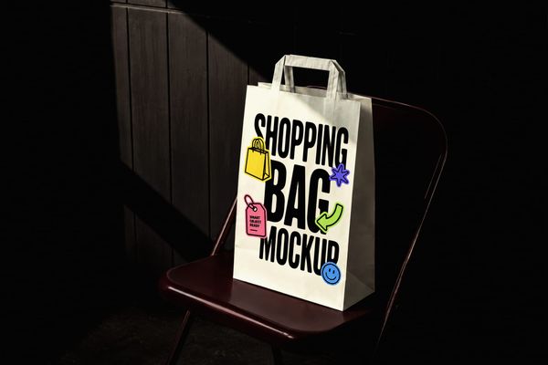 Luxury paper shopping bag mockup placed on a modern designer chair with cinematic lighting, perfect for premium retail branding and packaging presentations.