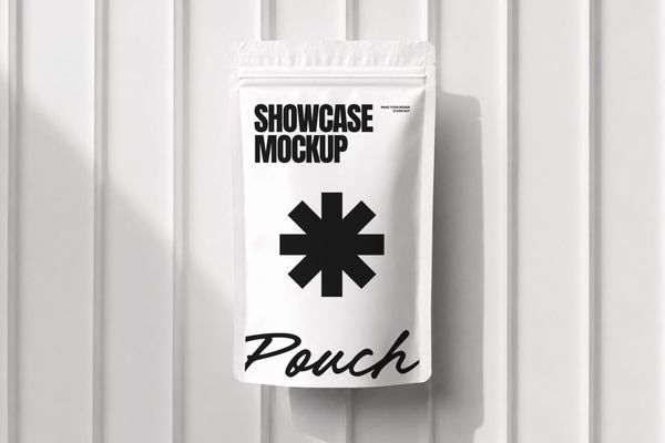 Minimal white standing pouch packaging mockup with soft studio lighting and subtle shadows, designed for elegant product branding and packaging presentations.