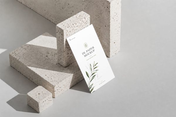 Minimal DL paper mockup displayed among textured stone blocks with soft natural light, creating a sophisticated setting for premium print and stationery presentations.