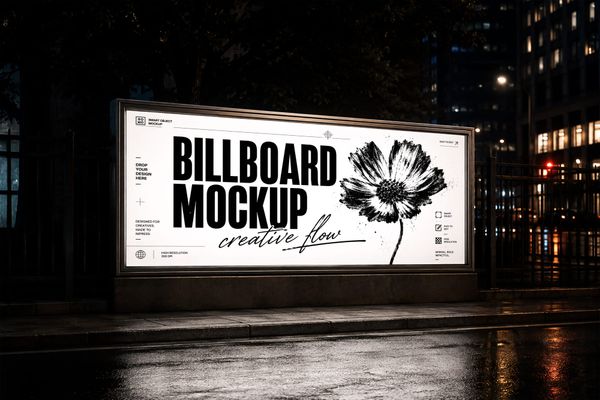 Outdoor Billboard Mockup on a Rainy Urban Street with City Lights