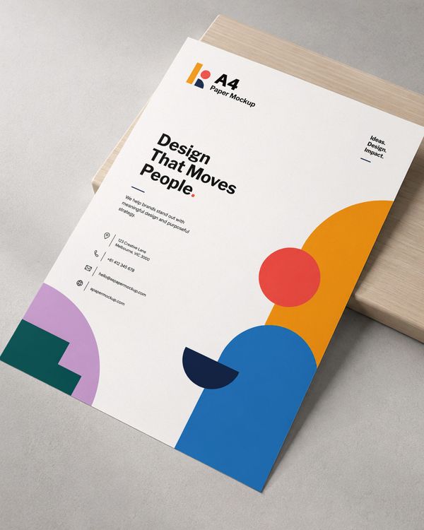 A4 Paper Mockup with Bold Geometric Design on Wooden Board