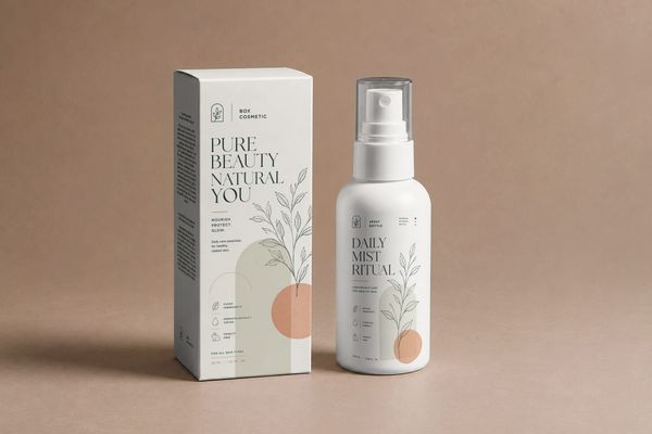 Minimalist skincare box and spray bottle mockup with matching botanical packaging, white cosmetic bottle, and warm neutral studio background.