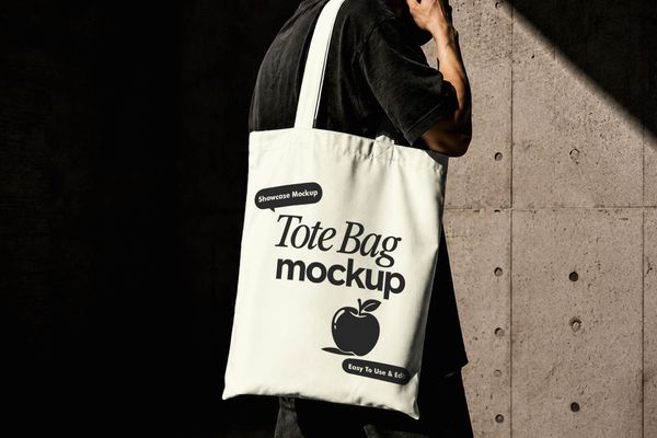 Carrying Tote Bag Mockup in Dark Concrete Scene
