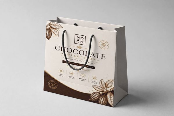 Premium chocolate gift bag mockup with elegant cocoa illustrations, rope handles, and refined confectionery branding.