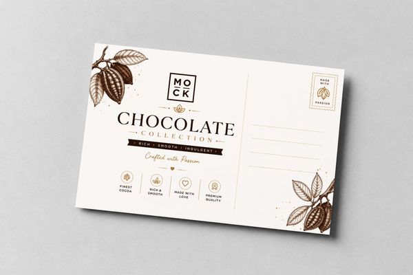 Elegant chocolate postcard mockup with cocoa illustrations and premium editorial-inspired branding.