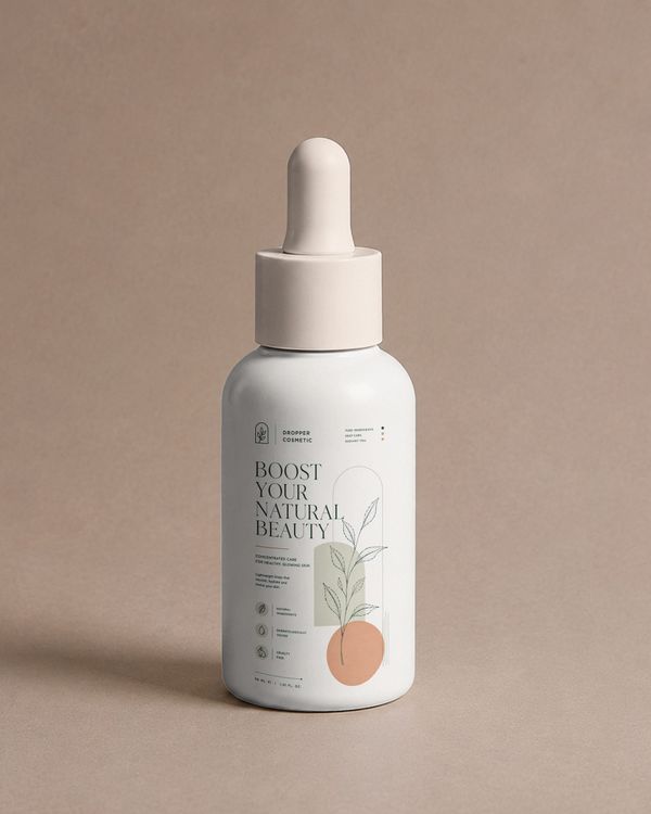 Minimalist dropper serum bottle mockup with a clean white bottle, elegant cosmetic label, and warm neutral background for a refined skincare presentation.