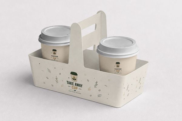 Dual coffee cup carrier packaging mockup with matching takeaway cups, presented in a clean neutral setting for modern café and beverage branding.