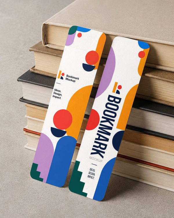 Two colorful bookmark designs arranged against stacked hardcover books in a refined editorial setting with soft natural lighting.
