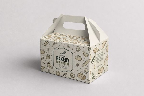 Gable bakery box packaging mockup with integrated handle and illustrated pastries, breads, and botanical elements on a neutral studio background.