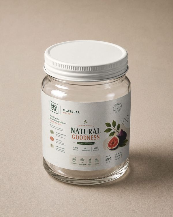 Clear glass food jar mockup with a white metal lid, botanical food label, and warm neutral studio presentation.