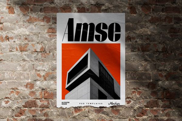 Glued Ripped Poster Mockup on Wall Brick