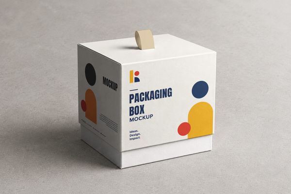 White handled packaging box mockup presented on a neutral textured surface with bold geometric branding and soft directional shadows.