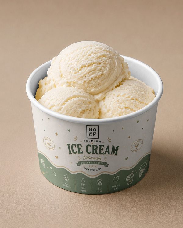 Premium ice cream cup mockup with printed packaging, creamy scoops, and a warm neutral studio presentation.