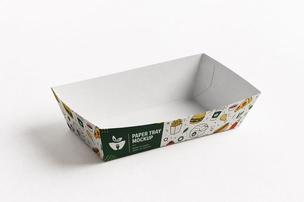 Low profile paper takeaway tray mockup with illustrated food graphics and branded packaging artwork on a clean white studio background.