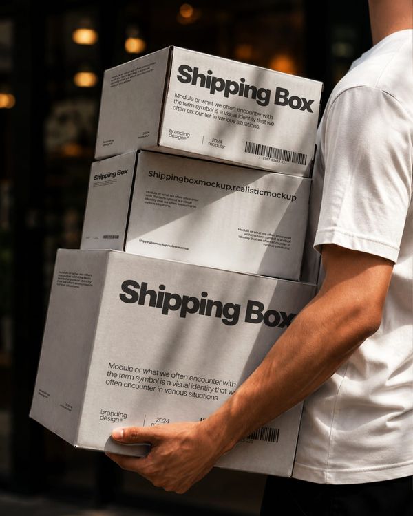 Man Carrying Stacked Shipping Boxes Mockup