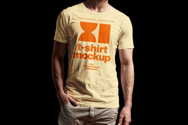 Men T-Shirt Mockup on Black Background