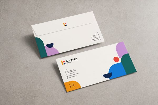 Two white envelope mockups arranged in a layered composition with colorful geometric branding on a soft textured background.
