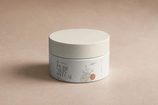 Minimalist white cosmetic jar mockup with a clean skincare label, subtle botanical artwork, and warm beige studio background.