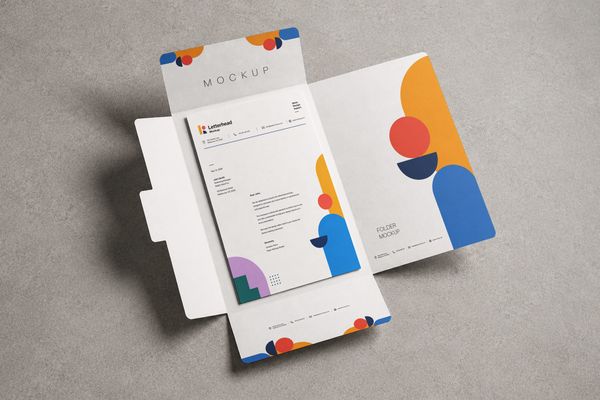 Open white presentation folder displaying a branded letterhead sheet with colorful geometric graphics on a textured neutral surface.