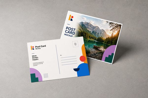 Two postcard mockups presented at different angles, showing the front and back sides with a scenic landscape design and clean graphic details.