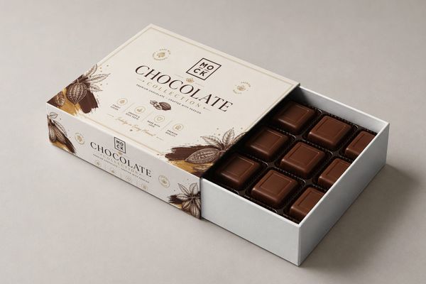 Premium sliding chocolate box mockup with elegant cocoa-inspired packaging and molded chocolate pieces.
