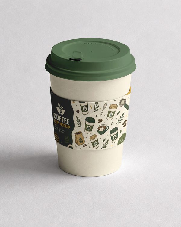 Takeaway coffee cup mockup with a branded paper sleeve, dark green lid, and illustrated coffee-themed packaging design on a clean studio background.