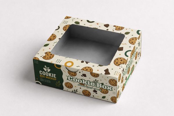 Window cookie box packaging mockup with illustrated chocolate chip cookies and a clear display panel for premium bakery branding.