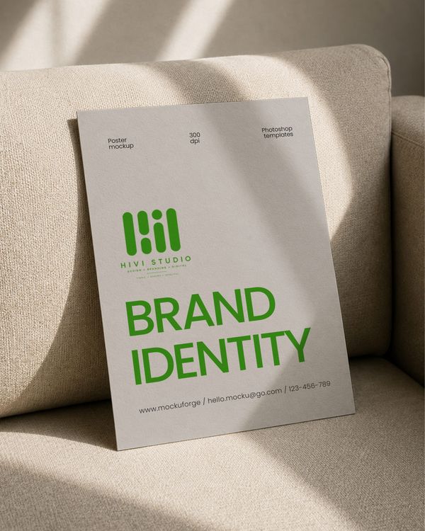 Brand identity poster mockup displayed on a textured sofa in a warm minimalist setting.